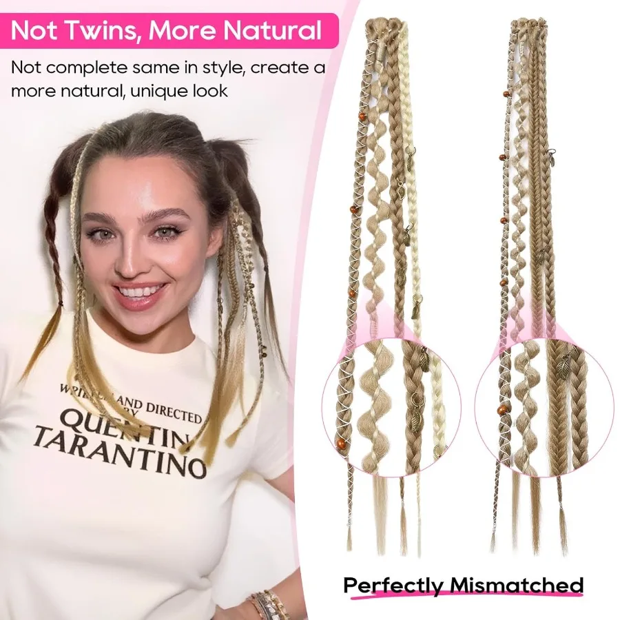 Clip in Braid Hair Extensions for Women 16 Boho Dreadlock Clip in Braids with Beads Charms 2PCS Handmade Synthetic Braided Hair
