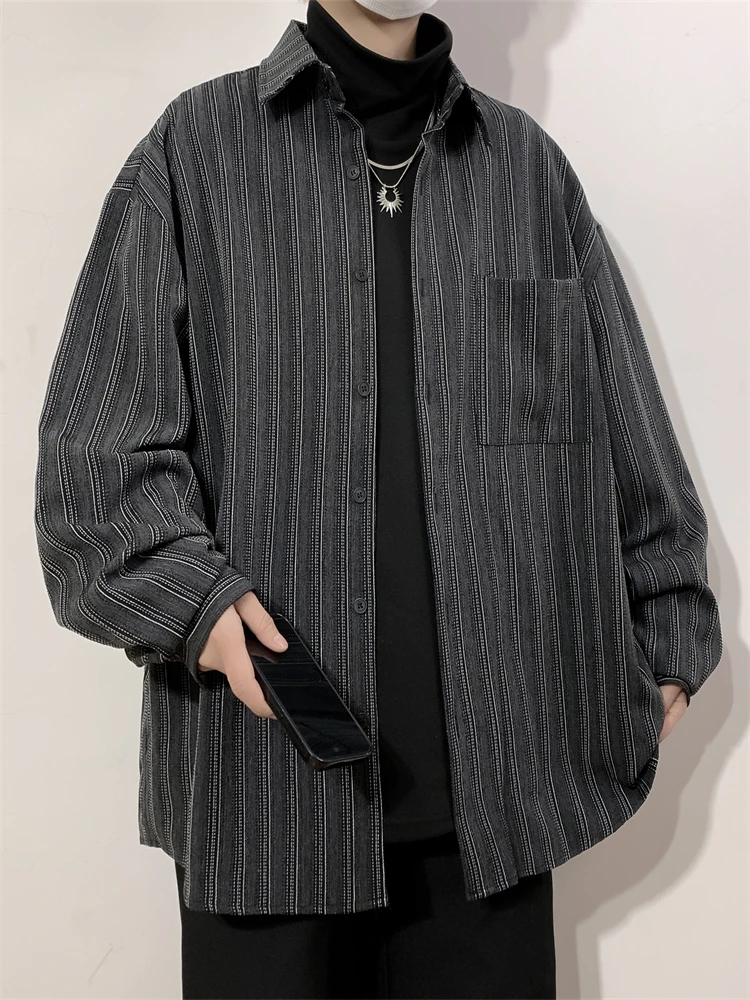 Loose Men's Long Sleeve Striped Shirt American Retro Style Base Layer Shirt Trendy Brand Casual Fashion Autumn Spring Wear