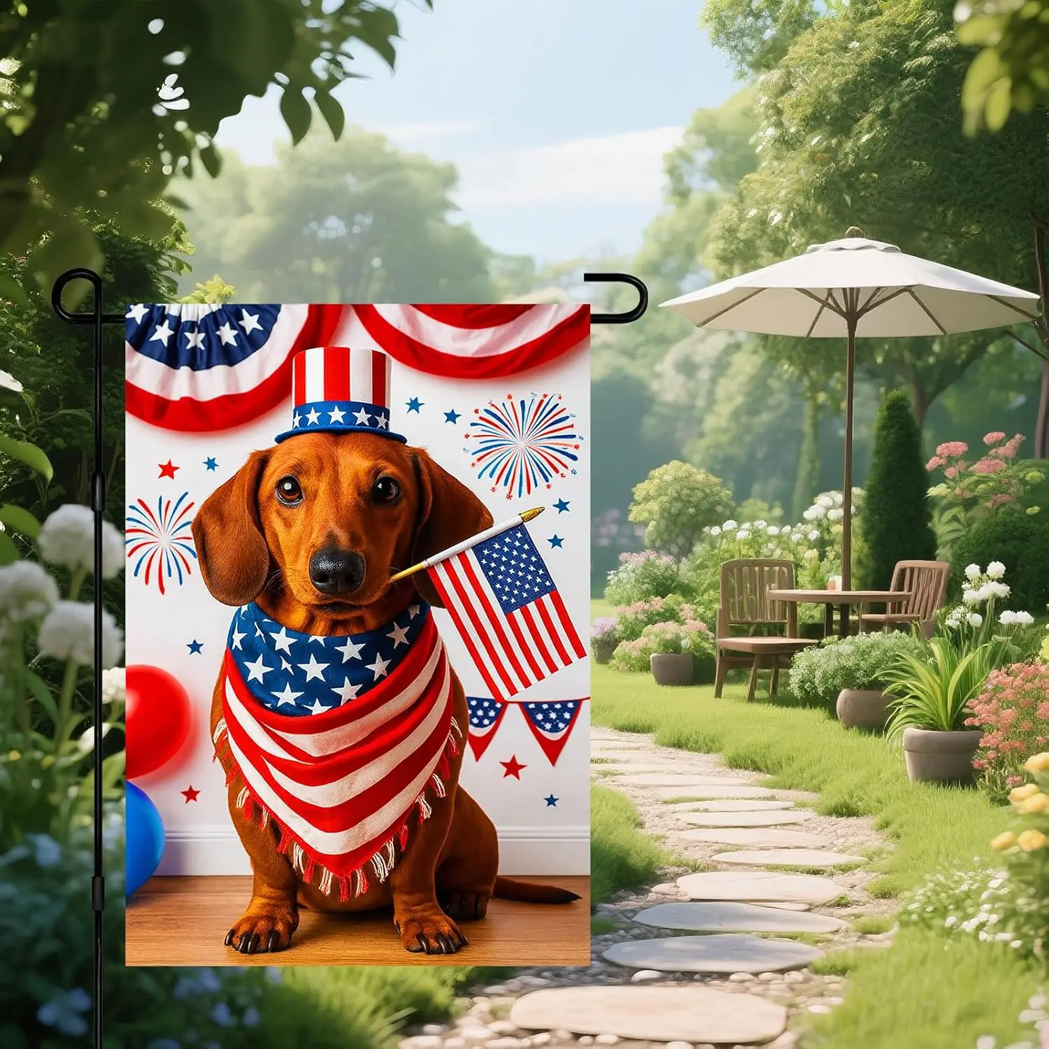 IVN 4th of July Garden Flag 12x18 Inch Double Sided Dachshund Dog with Patriotic Bandana and American Flag Decorations Outdo GGO