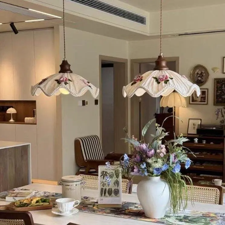 Fabric Chandelier Restaurant Lamp American Pattern Solid Wood Lamp French Dining Table Bar Lamp