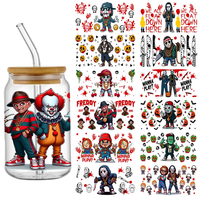 Halloween Film kartun horor teman UV DTF stiker Transfer untuk 16OZ cangkir kaca UV Dtf membungkus Transfer tahan air DIY