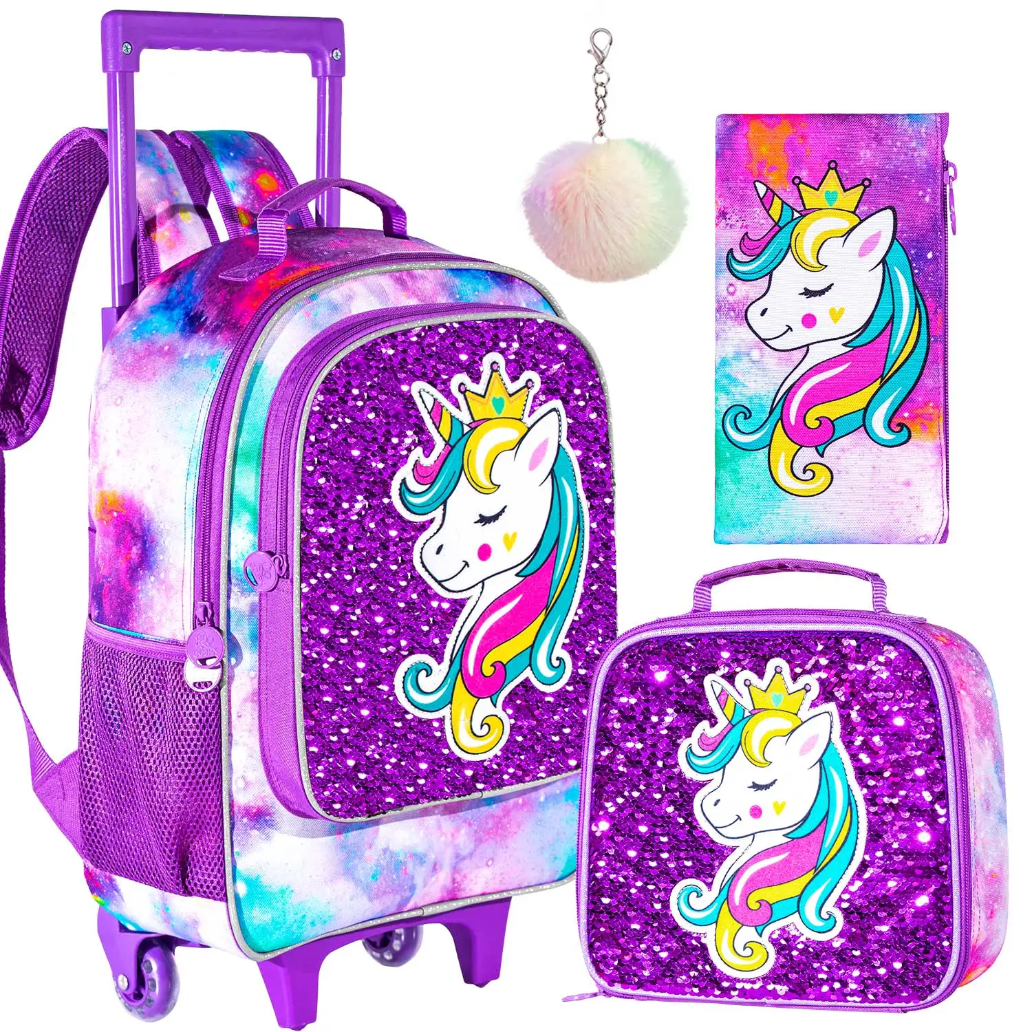 3PCS Rolling Backpack for Girls Kids Roller Wheels Bookbag with Lunch Bag Sleeping Unicorn Pattern Design Glow-in-the-dark Funct