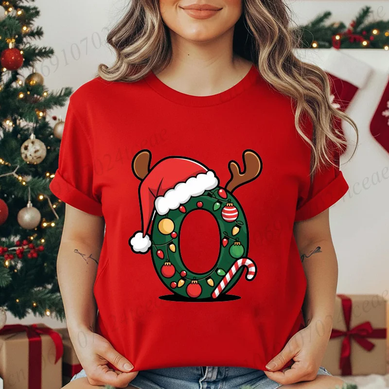 Festive Christmas Alphabet Letter with Santa Hat Print T-shirt for Women Fashion T Shirt Streetwear Female Clothes Unisex Tshirt