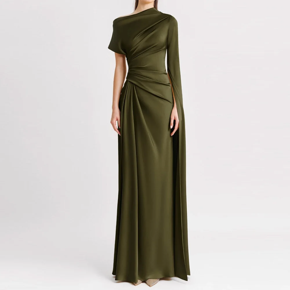 فستان سهرة من الساتان الأخضر الحديث مخصص بسيط برقبة دائرية وأكمام طويلة فستان حفلات عالي الجودة مستقيم للمشاهير