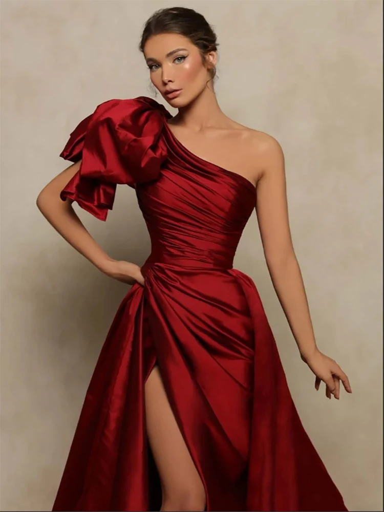 

Elegant Wine Red Satin A-line Side High Split One Shoulder Prom Gowns Sleeveless Floor-Length Formal Evening Dresses