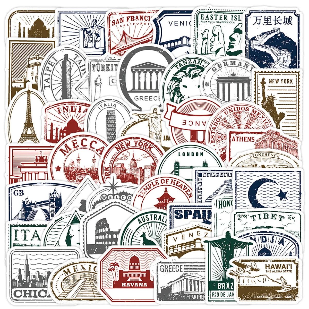 50Pcs Retro Postmark Stickers Stamp Travel DIY Stickers Scrapbooking Phone Luggage Skateboard Waterproof Decals