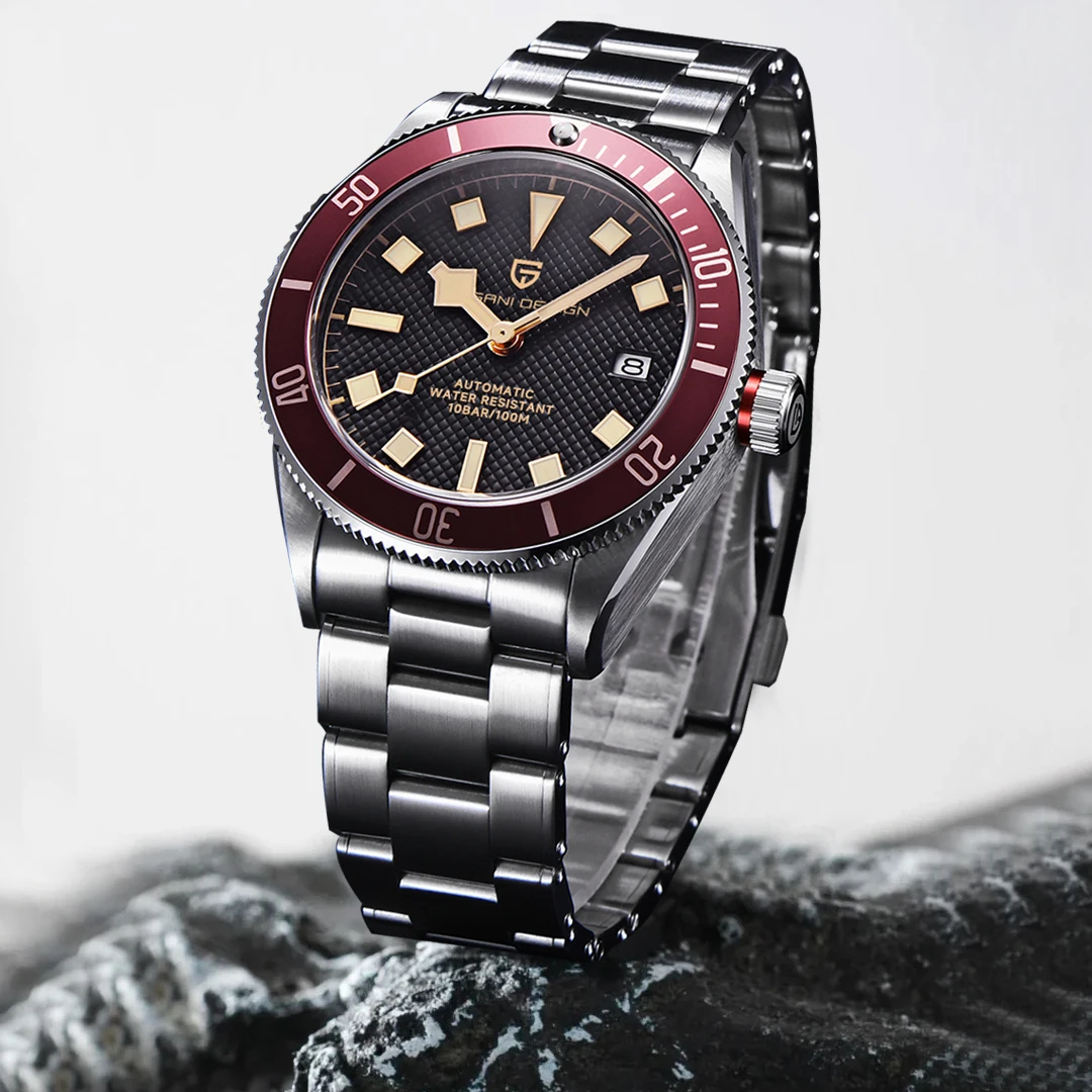 

PAGANI DESIGN BB58 Retro Red Automatic Watch For Men 100M Waterproof Mechanical Wristwatch Stainless steel rivet strap Watches