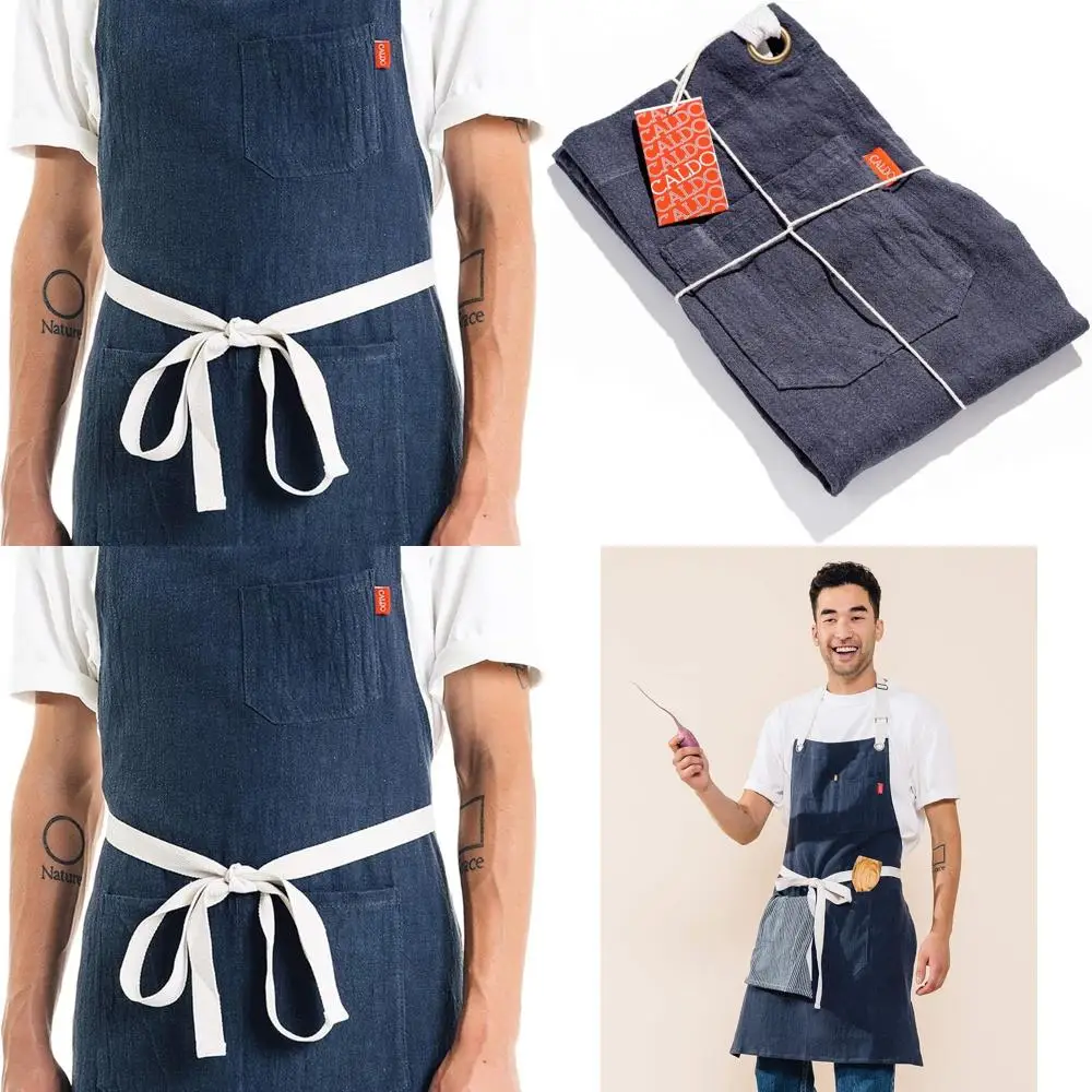 

Льняной фартук шеф-повара с карманами — регулируемый кулинарный фартук унисекс для профессионального использования (темно-синий)