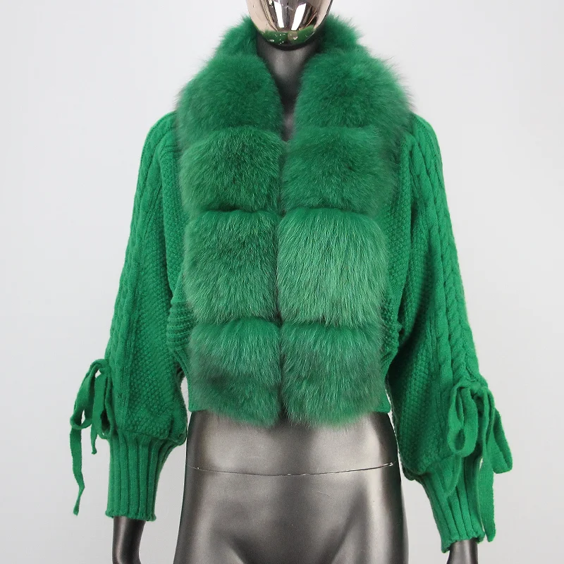 2024 Giacca invernale da donna lavorata a maglia con abbottonatura in pelliccia naturale Nuovo cardigan lavorato a maglia Casual Vera pelliccia di volpe Nuova moda corta calda