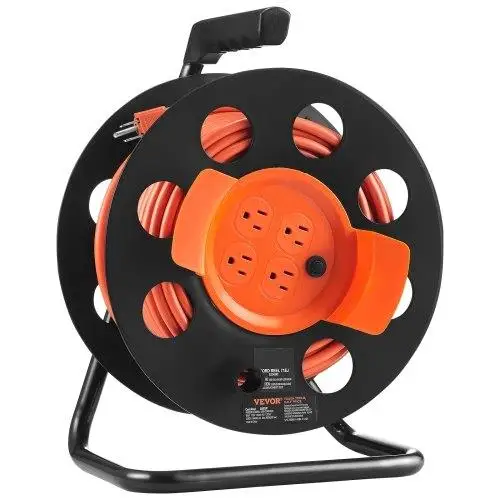 100FT Heavy Duty Extension Cord Reel with 4 Outlets, Dust Cover & Circuit Breaker - 14AWG SJTOW for Garage/Workshop