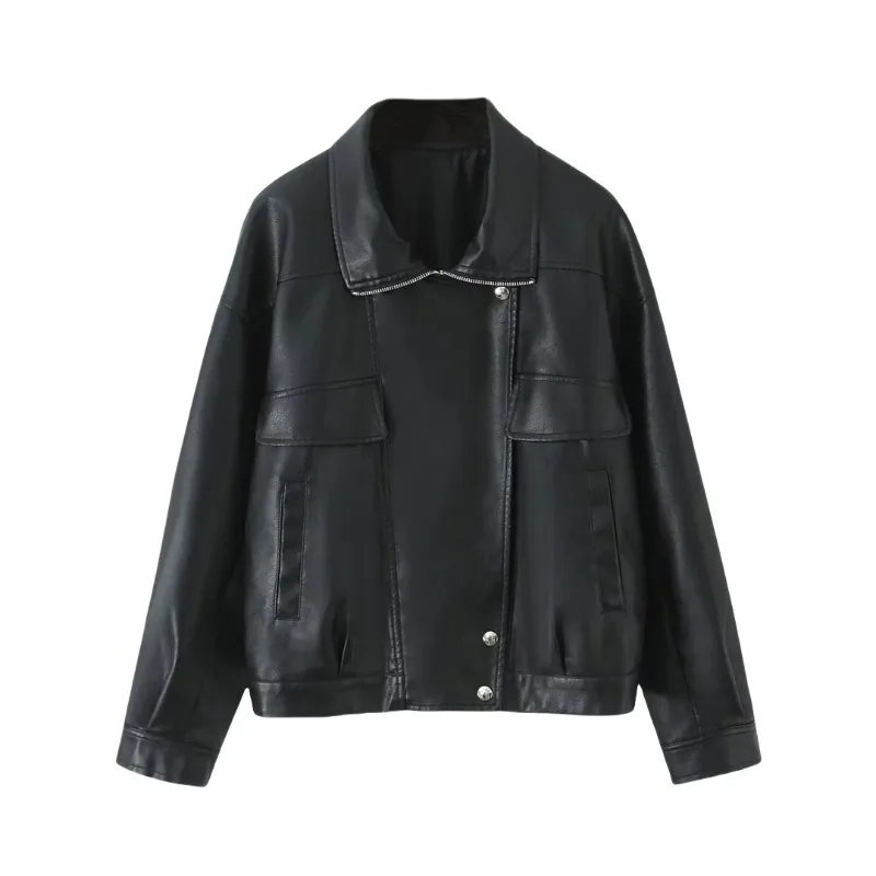 Black and Rown Loose Casual Leather Jackets Short Top Retro Locomotive Design Lapels Spliced Coat Fashion Women's Leather Jacket