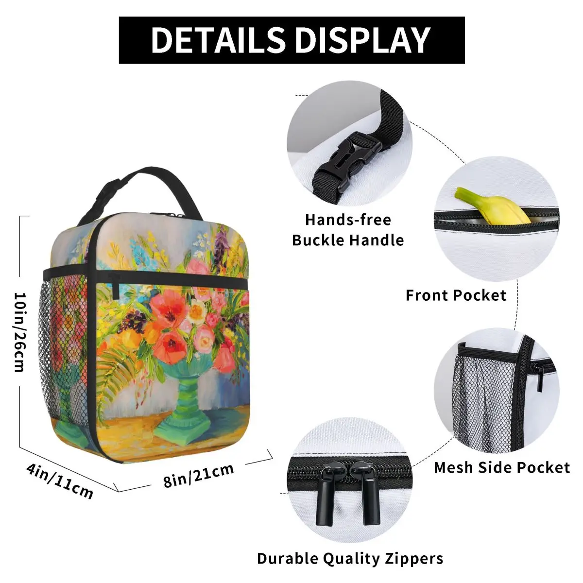 Oil Painting Green Vase Floral Insulated Lunch Bag for Kids School Cooler Thermal Food Box Tote Portable Lunch Boxes Container