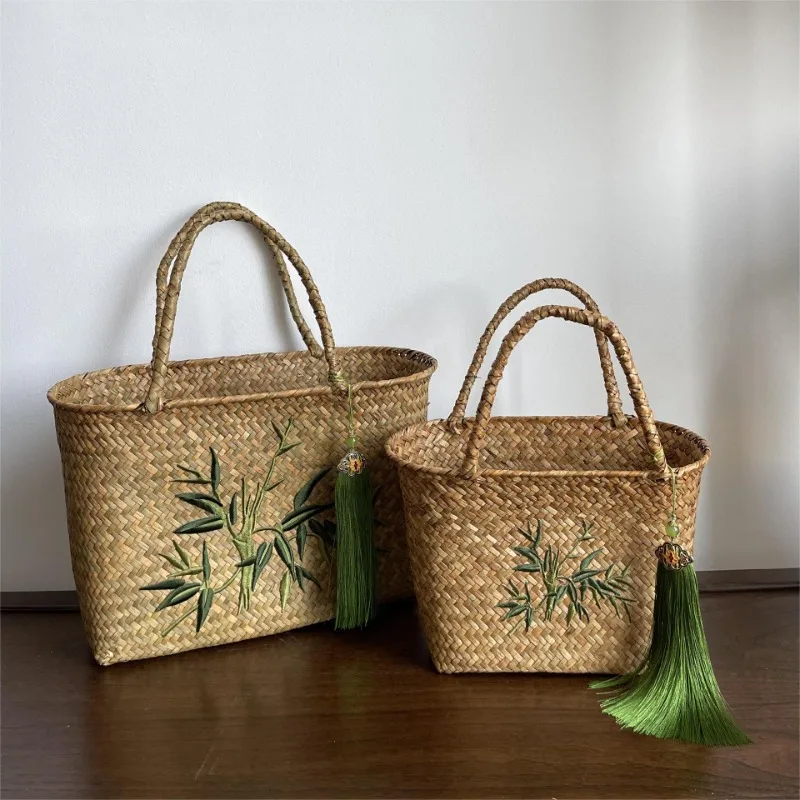 Retro Traditional Handmade Seagrass Embroidery Weaving Basket, New Chinese Style Handbag Tea Set Storage Handheld