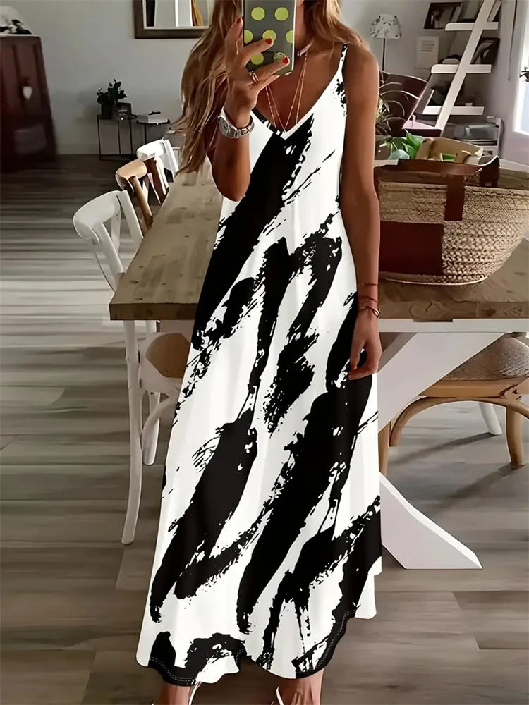 S-2Xl Summer Women's Slip Dress Classic Feather Print Women's Loose Elegant Dinner Party Dress Home Casual Loose V-Neck Dress