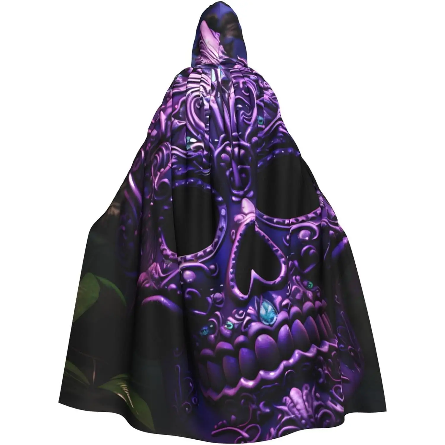 

Purple Floser and sugar Horror Skull Prints Hooded Cloak for Halloween, Role-Playing Costumes, and More