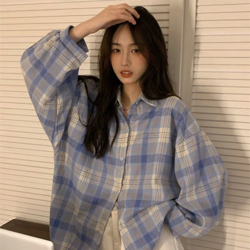 Plaid Shirt Women Fashion Loose Straight Single Breasted Pretty Style Blouses Casual Outwear Turn Down Collar Female Shirts