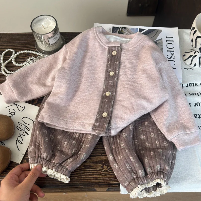 

Children 1-10Y Girl Two-piece Set New Winter Thick Warm Patchwork Little Girl Pullovers Tops+lace Polka Dots Lace Kids Girl Pant