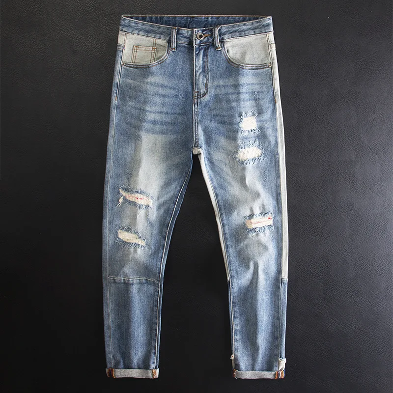 

Ripped Patch Jeans for Men, Light Blue, High-End Fashion Design, Patchwork Slim Fit Straight Pants