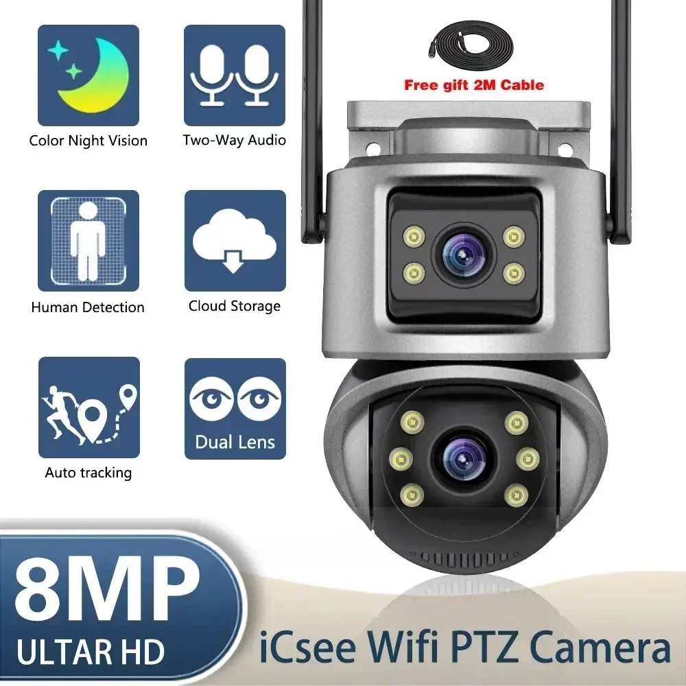 ICSEE 4K Dual Objektiv Wifi PTZ Kamera Outdoor 2-wege Audio Drahtlose CCTV Sicherheit Überwachung Kamera Auto Tracking IP Cam XMEYE