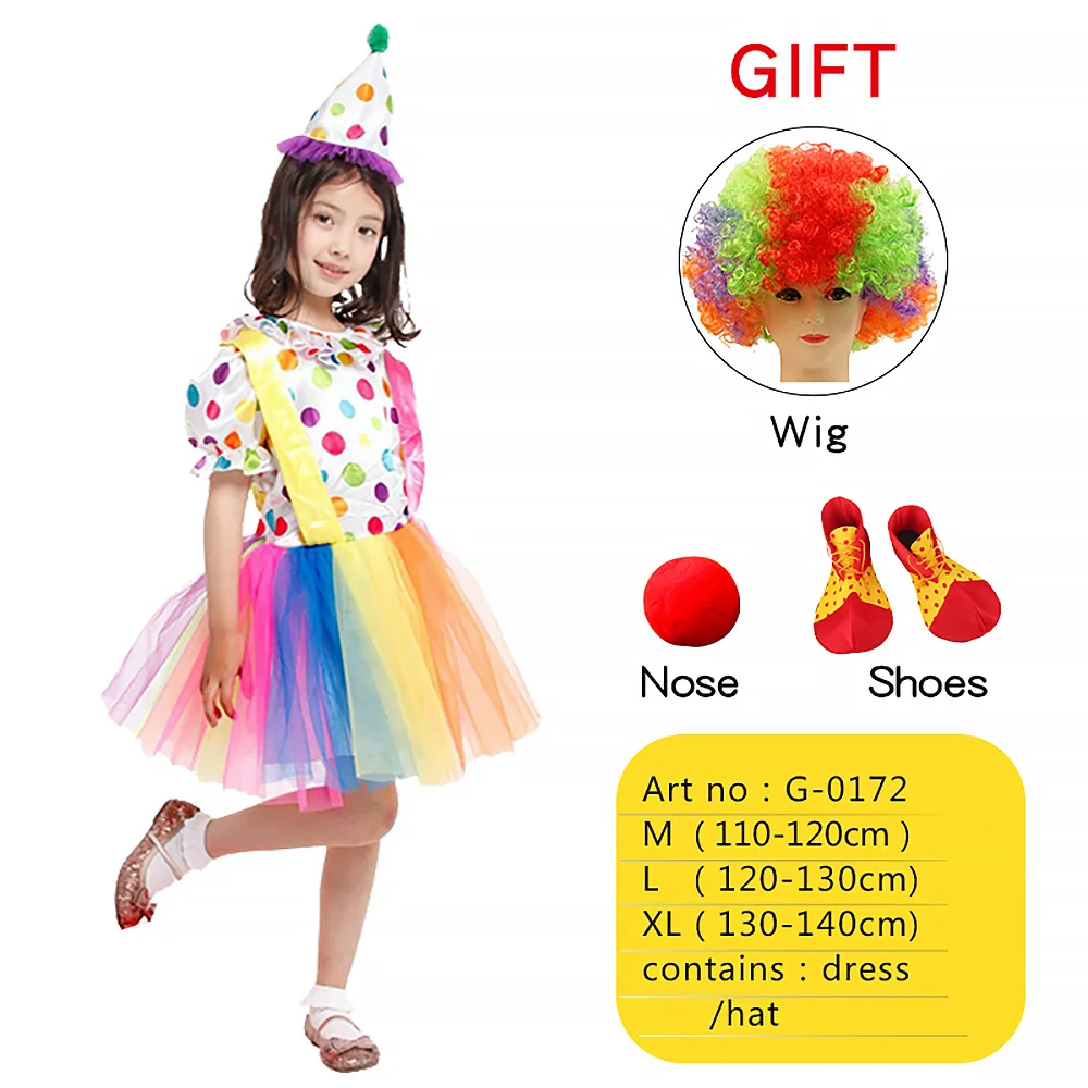 

Halloween Kids Circus Clown Costume Jumpsuits Attached Wig Shoes Red Nose Fancy Carnival Cosplay for Children Dress Up