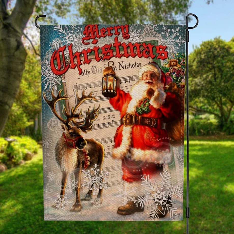 Merry Christmas Garden Flag Reindeer Santa Claus Banner with Windproof Rubber Stopper Clip 12.5\'\'x18.5\'\' 32x47cm Home Decor