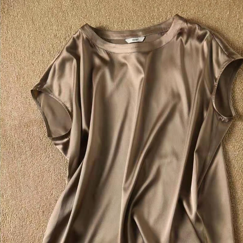 Summer Short Sleeve Shirt Fashion Women Acetate Satin O-neck Bat Sleeves Top Elegant Solid Color Office Lady Imitation Silk Tops