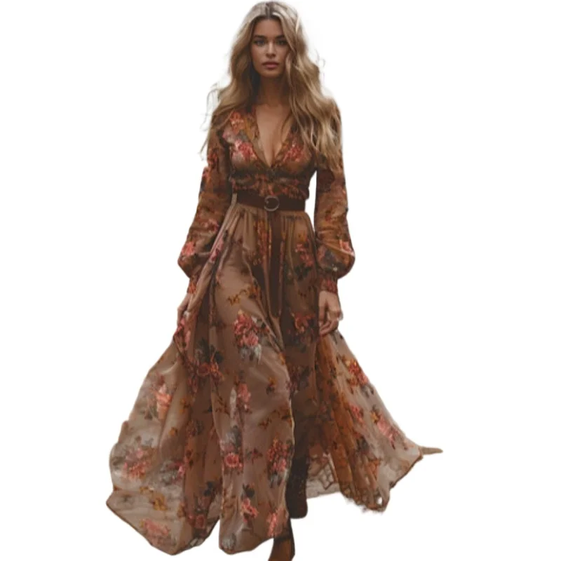 Independent Station,Amazon Long Sleeves Digital Printing V-neck Dress Temperament 2026 European and American Women's Clothing