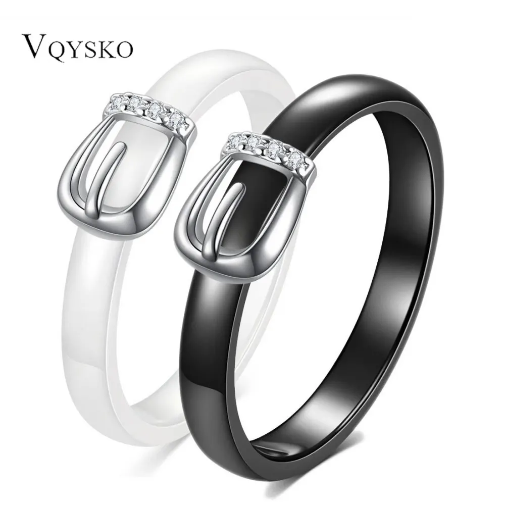 

4mm Black/White Ceramic Crystal Wedding Rings Jewelry For Women Personalized Belt Buckle Stainless Steel Lovers Ring Engagement