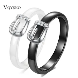 4mm Black/White Ceramic Crystal Wedding Rings Jewelry For Women Personalized Belt Buckle Stainless Steel Lovers Ring Engagement