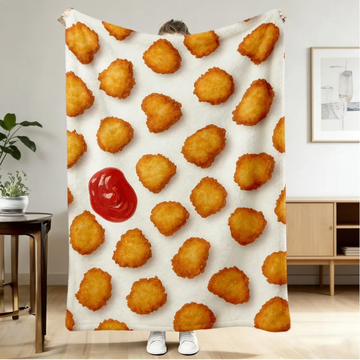 1pc Retro Chicken Nugget & Ketchup Print Flannel Throw Blanket - Soft Warm Bedspread Suitable for Couch, Bed, Travel | Machine W