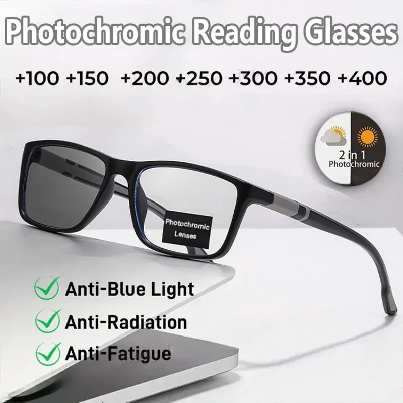 Photochrome 0~+400 Lesebrille, quadratisch, Anti-Strahlungs-Brille für Damen und Herren, Anti-Blaulicht-Brille