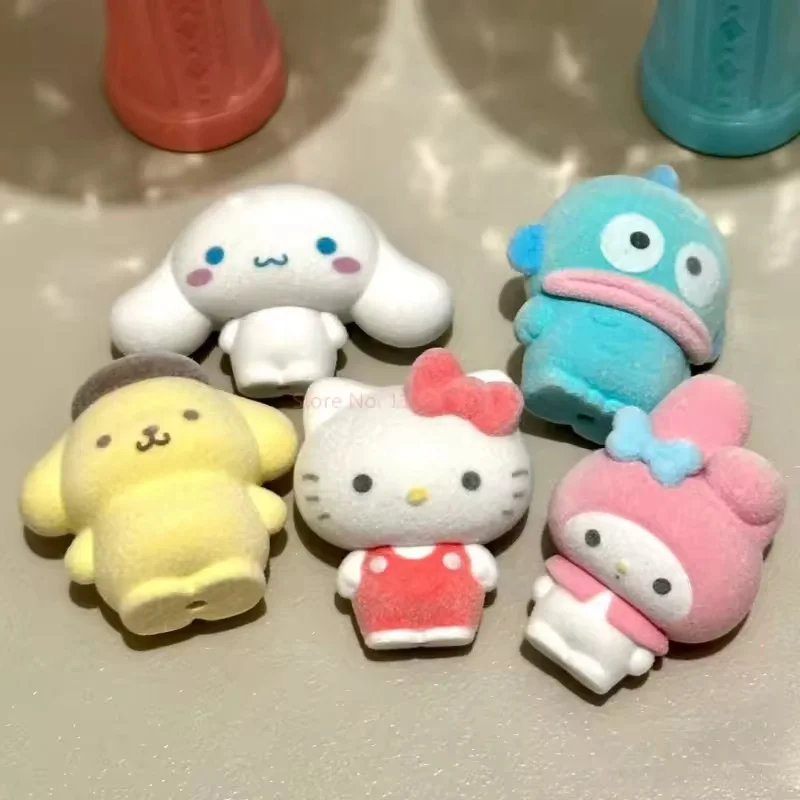 

Authentic Bandai Flocking Doll Gashapon Cute Model Ornament Melody Kuromi Dopamine Plaid Anime Model Toy Desktop Decoration Gift