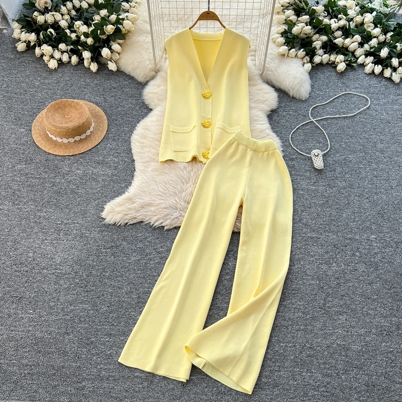

Light Luxury High-End Minimalist Knitted Suit Women's Summer Sleeveless Shirt+high Waist Long Pants