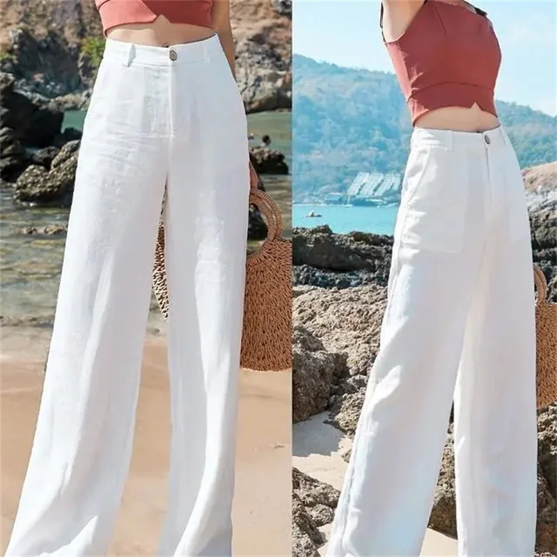 

Summer Baggy Cotton Linen Pants Women Elegant High Waist White Wide Leg Pants Woman Casual Loose Straight Full Trousers Female
