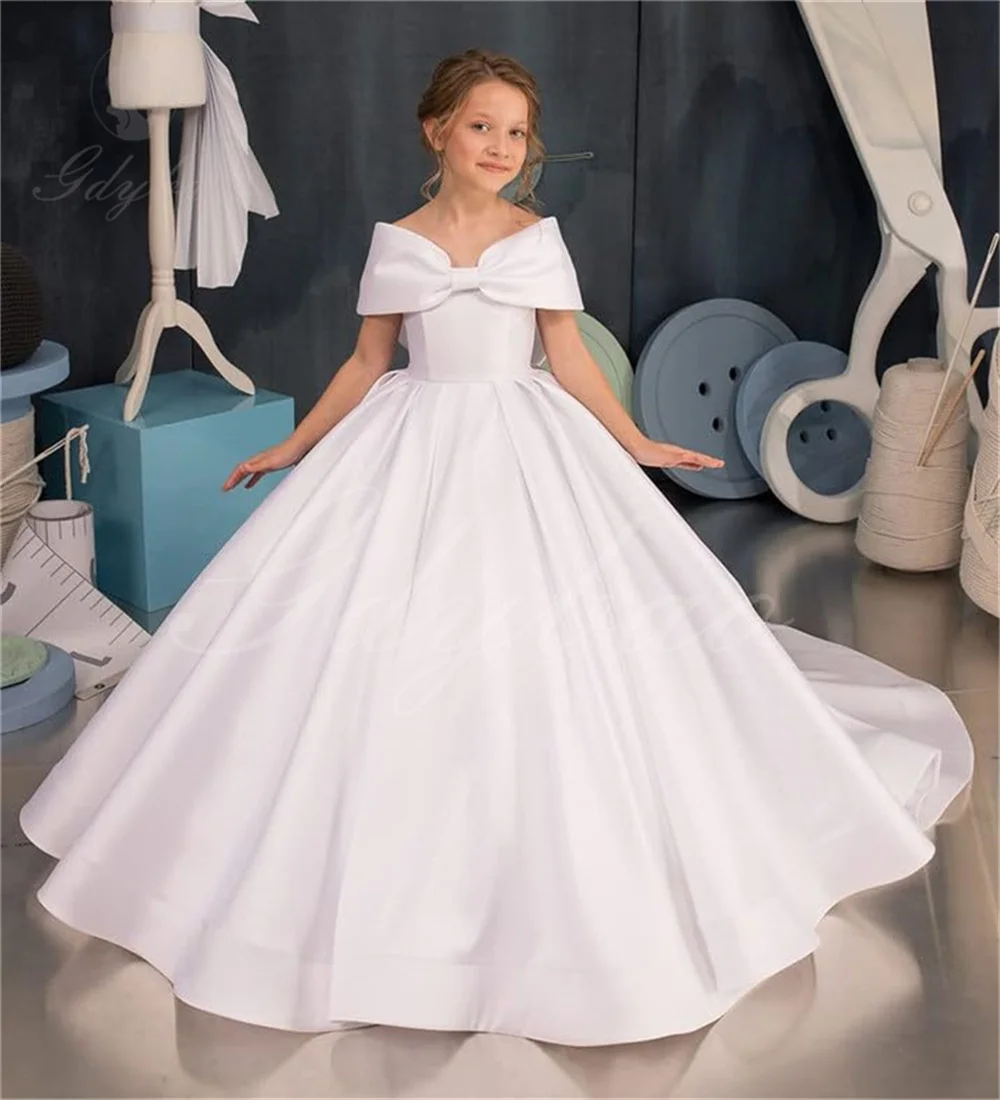 Dew Shoulder Satin Ivory Flower Girl Dress Off  Princess Dresses  Holy Communion Princess for Wedding Customized Ball Gown