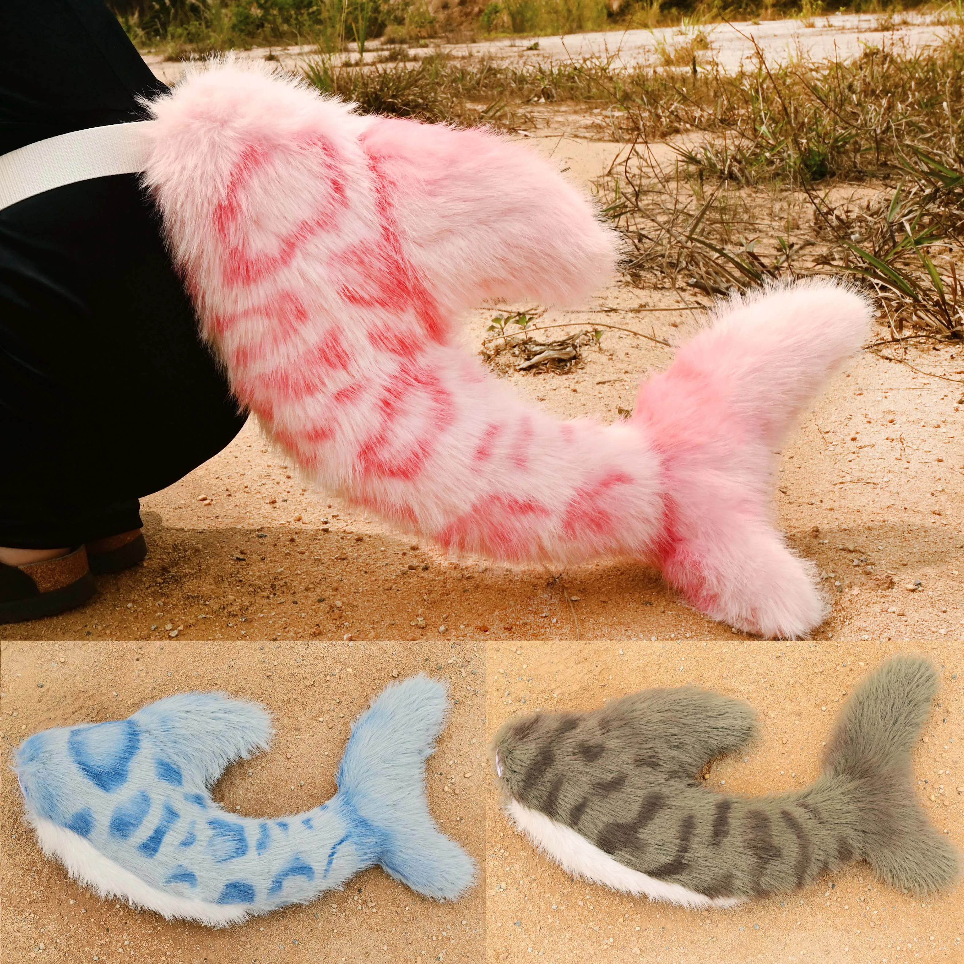 Furry Cosplay Fish Tail Adjustable Waist Belt Plush Shark Tail Costume for Adults Halloween Rave Cosplay Party Faux Fur Tail
