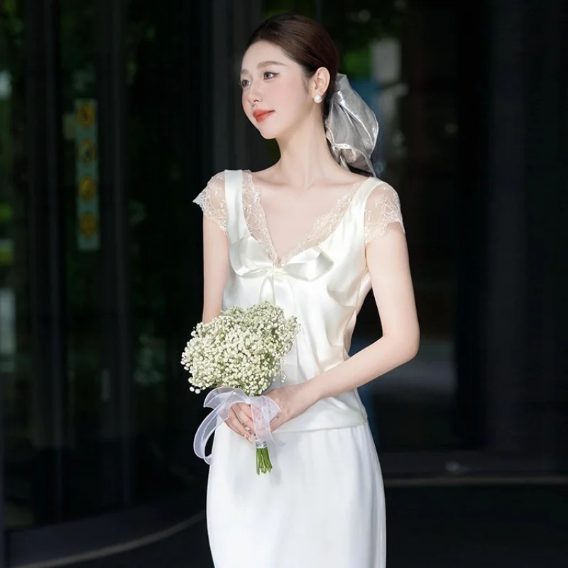 

French Satin Light Wedding Dress Light Luxury High-End Niche Adult Ceremony Banquet Reception Dress Bride Engagement Outing Gown