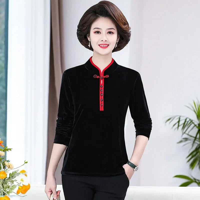 Spring Autumn New Women's Gold Velvet Tops Noble Elegant Cheongsam Collar T-shirt Middle-Aged Mother Long Sleeve Bottoming Shirt