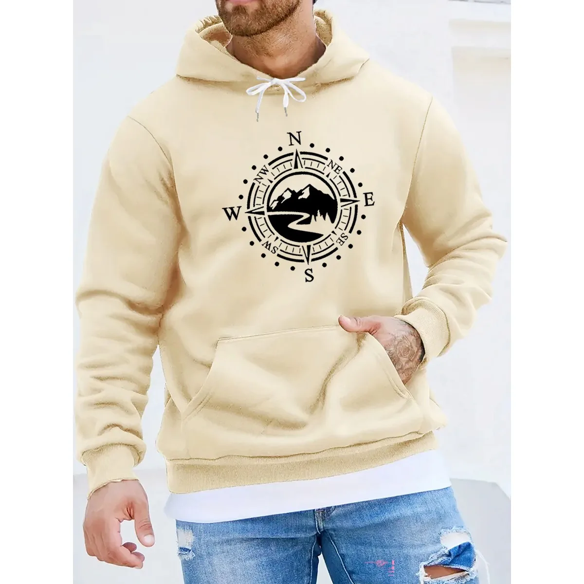 Men's Autumn Winter Casual Fashion Loose Hooded Sweatshirt Mountain Compass Printed Long Sleeve Warm Pullover Streetwear Tops