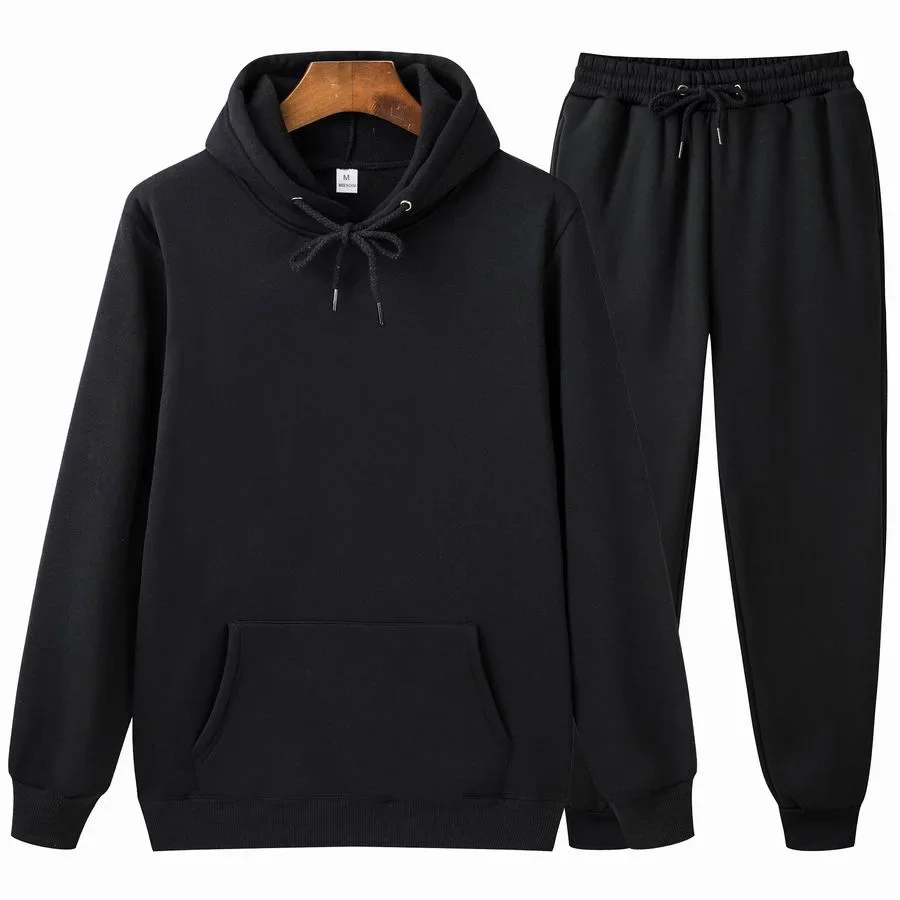 

New Men Slim Casual Sports Two Pieces Solid Pockets Sets Hoodies Hooded Sweatshirts Pencil Pants Elastic Waist Ankle Length Pant