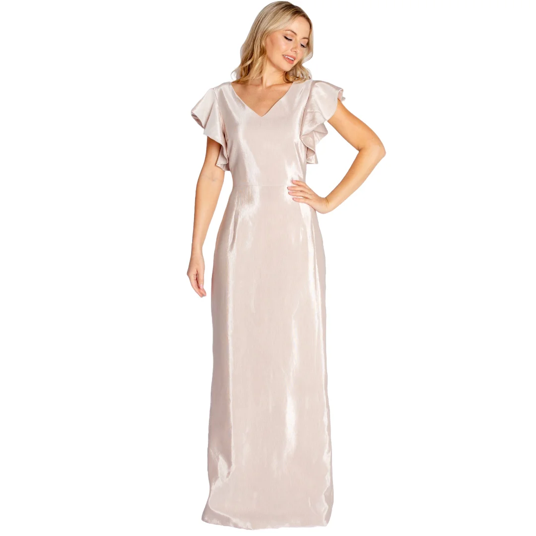 

Shine Champagne Flutter Sleeve Floor-Length with V-Neck Perfect for Mother of the Bride or Groom Dress Weddings Guest Formal