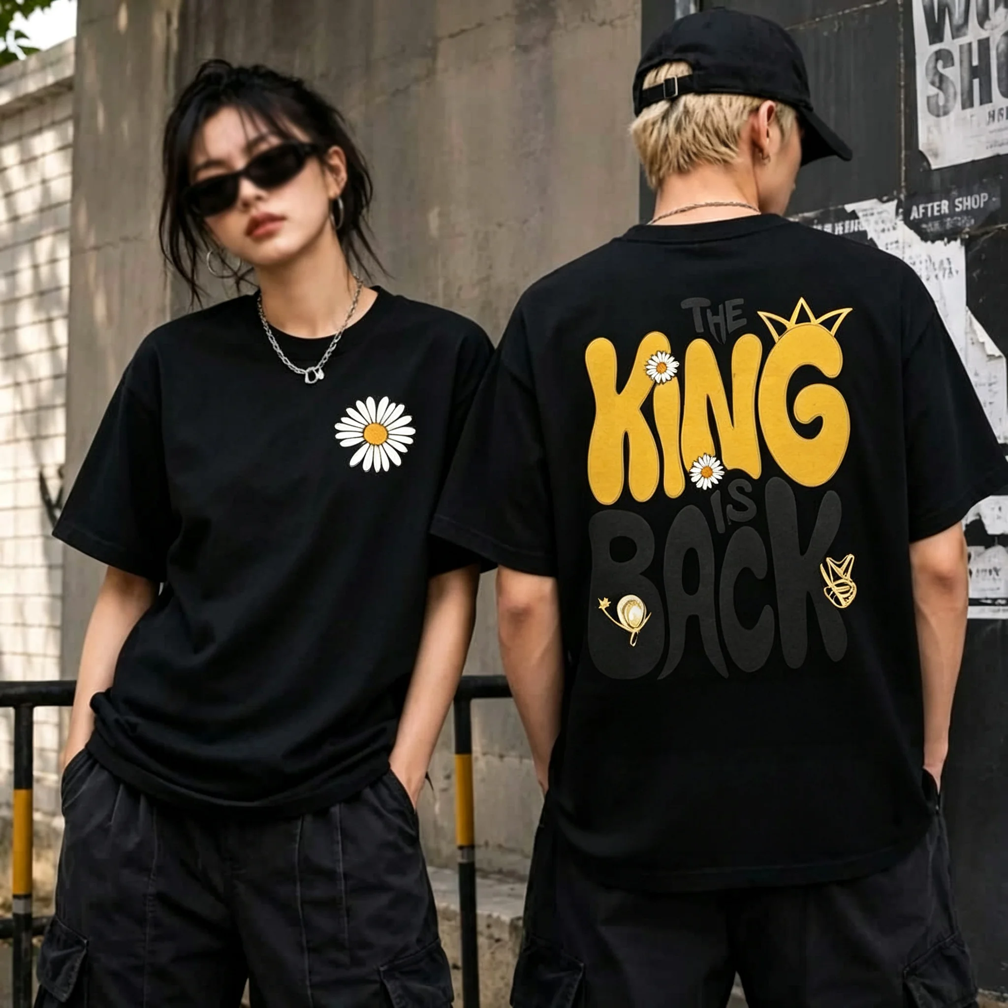 Bigbang 20th Anniversary Concert Kpop T Shirt Unisex Black Tee Daisy Flower The King Is Back Letter Print Concert Fan Oversized