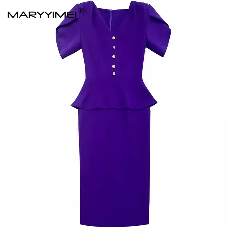 

MARYYIMEI Fashion Summer Women's Dress V-Neck Short sleeved Button Flounced Edge Slim-Fit Hip Wrap Commuter Dresses