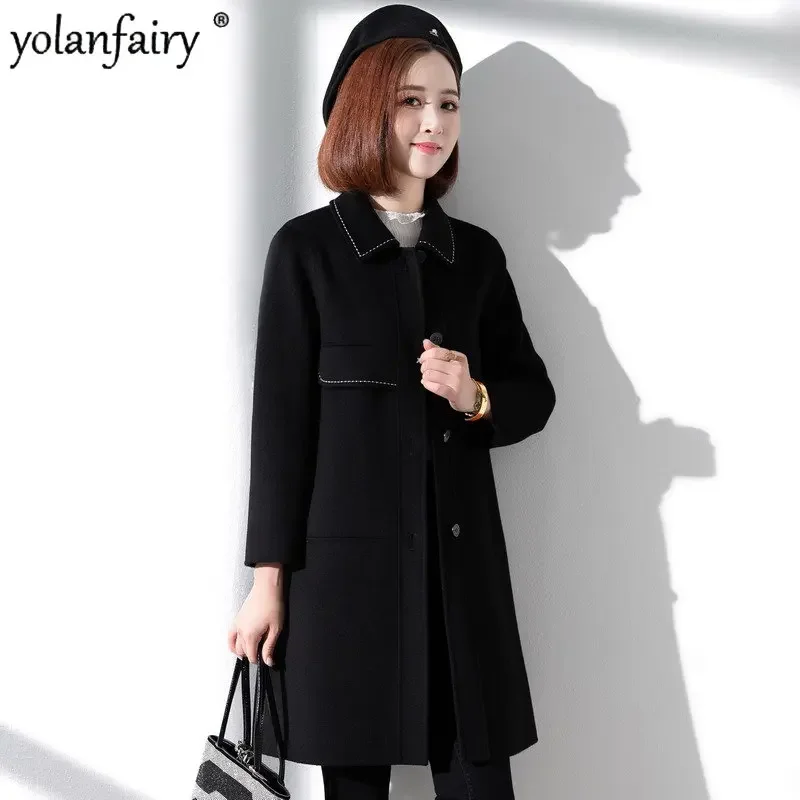 

High End New Spring Wool Coat Women Pure Wool Coats and Jackets Women Black Medium Long Coat Female Autumn Overcoat Manteaux FCY