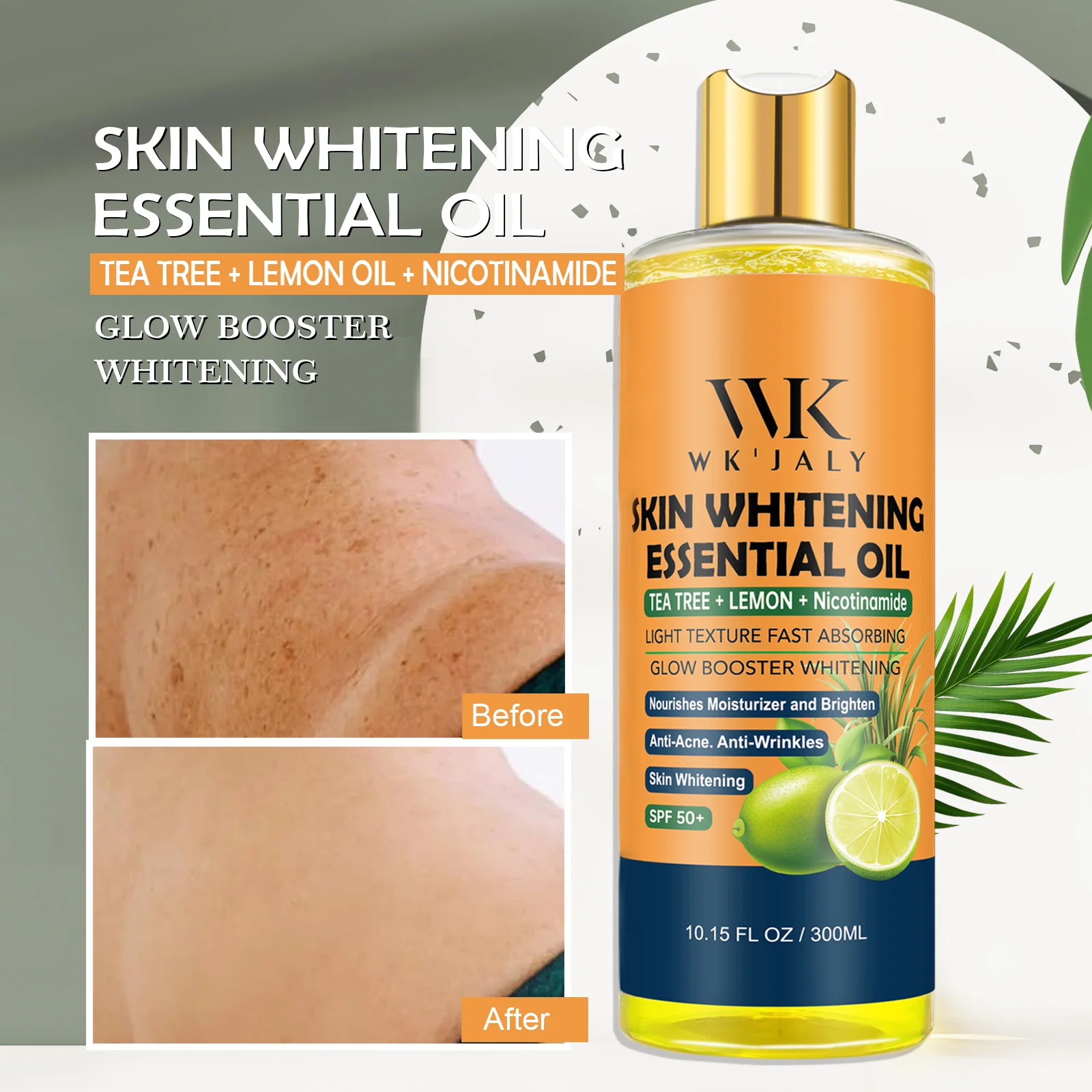 WK JALY Niacinamide Lightening Body Oil For All Skin, With Tea Tree, Lemon, Remove Acne, Fine Lines, Age Spot, Not Greasy, 300ml