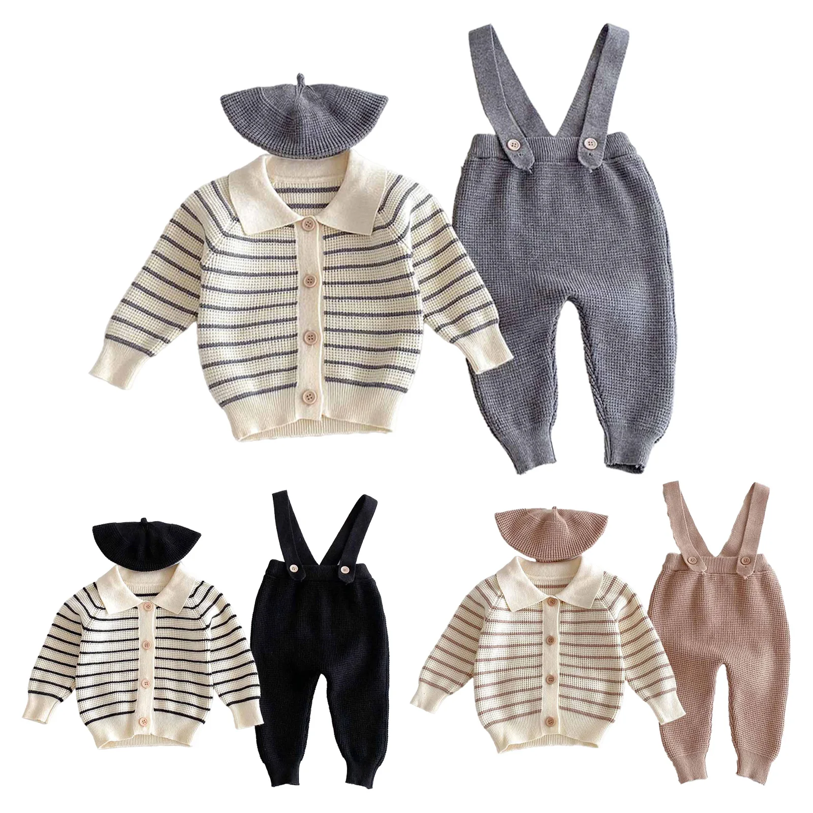 Infant Baby Knitted Long Sleeve Lapel Striped Button Tops with Suspender Trousers Hat Birthday Party Spring Fall Clothes Outfits