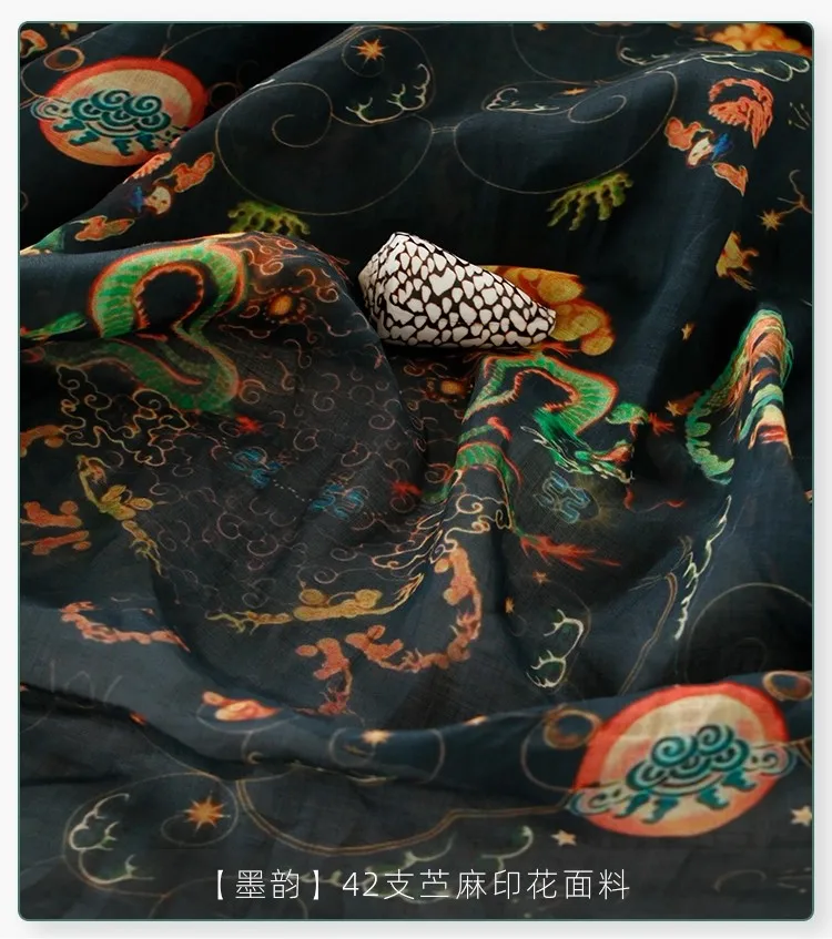 

1yard pure ramie fabric Moyun ● Ancient style with black background tela dress shirt bag cheongsam fabric for clothing