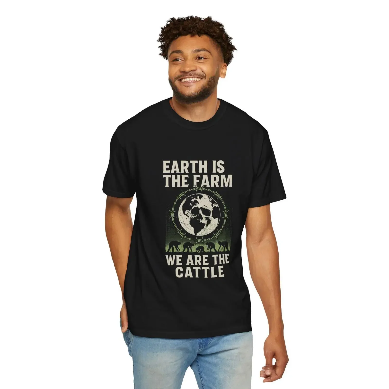 Dystopian T Shirt Earth Is The Farm We Are Cattle vintage Washed Top For Everyday Wear Breathable Stylish Soft Versatile