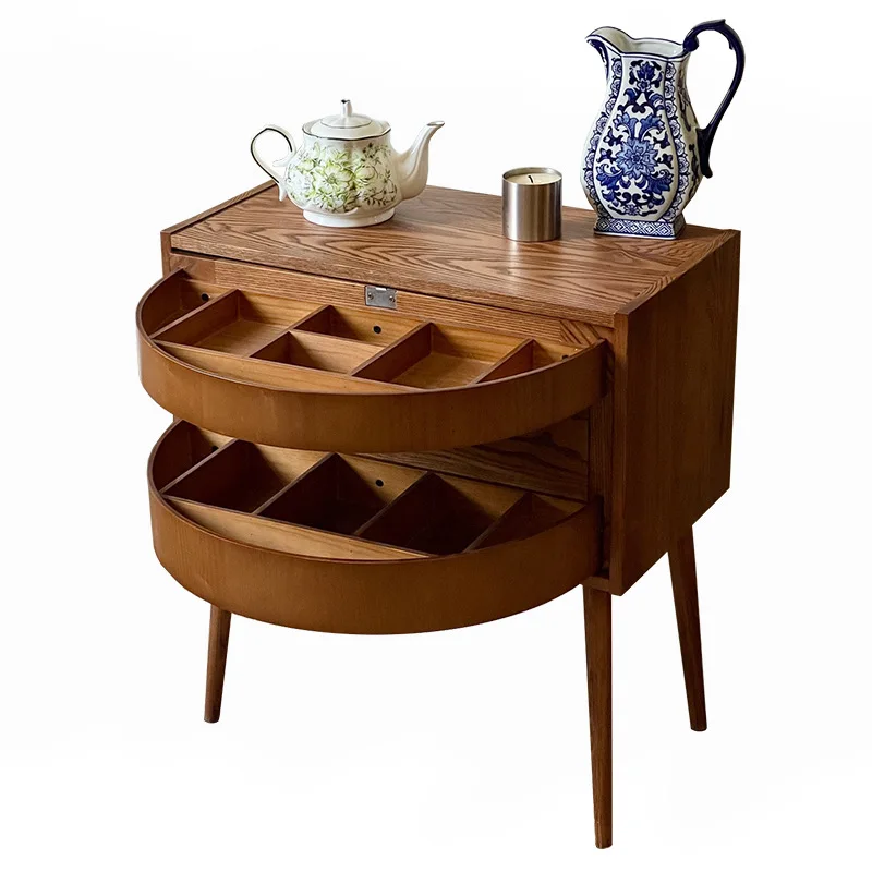 #Vintage Retro-Style Solid Wood Multifunctional Rotatable Bedside Table with Jewelry Storage for Bedroom Home Furniture