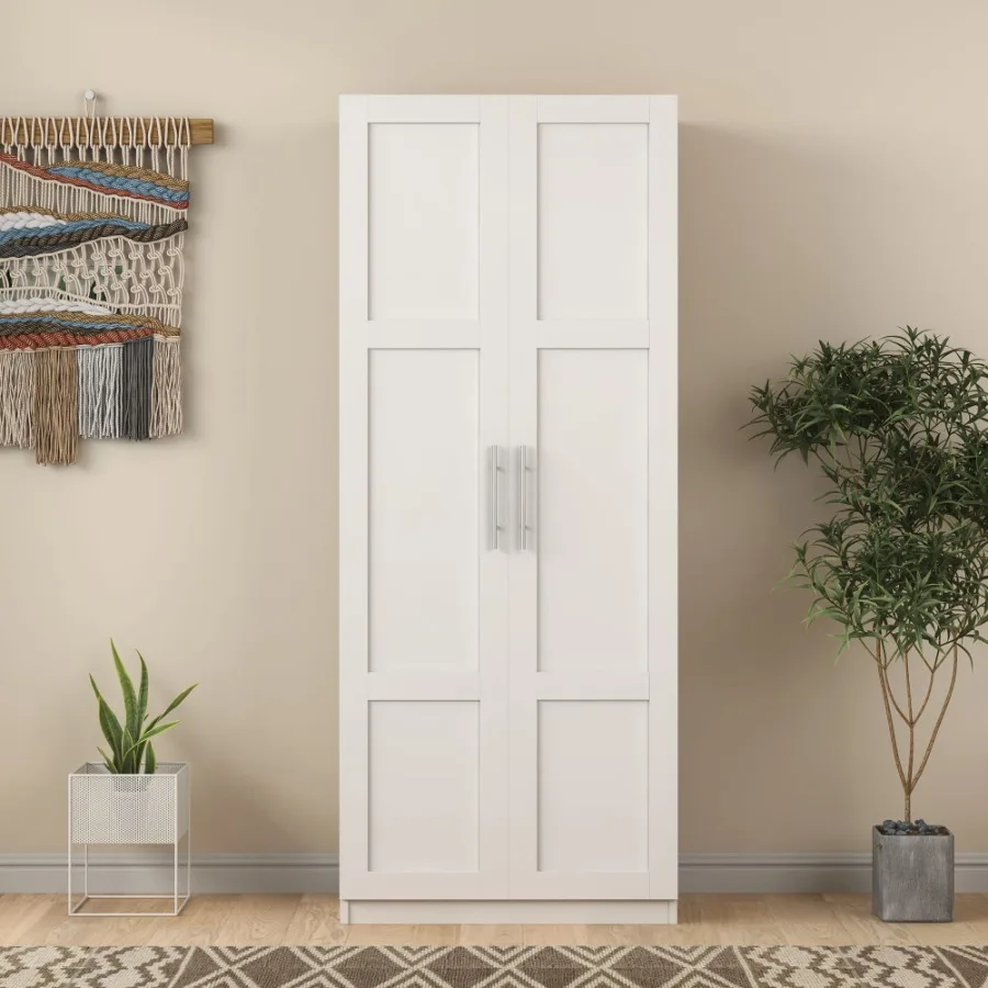 

High wardrobe and kitchen cabinet with 2 doors and 3 partitions to separate 4 storage spaces white